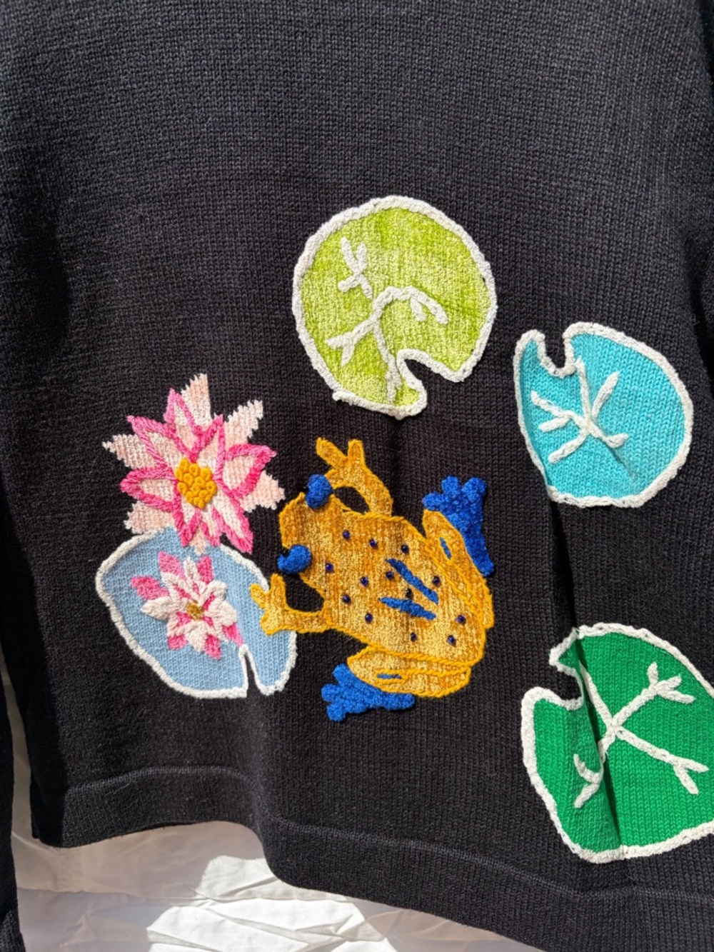 Black Embroidered Lily Pad Cardigan with Colorful Appliqués - Picture 2 of 2